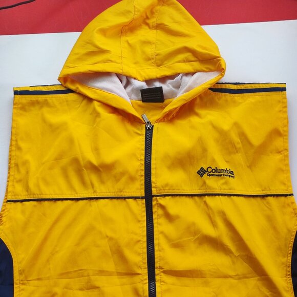 Columbia Vintage rain coat vest yellow with blue design men's - Picture 2 of 10